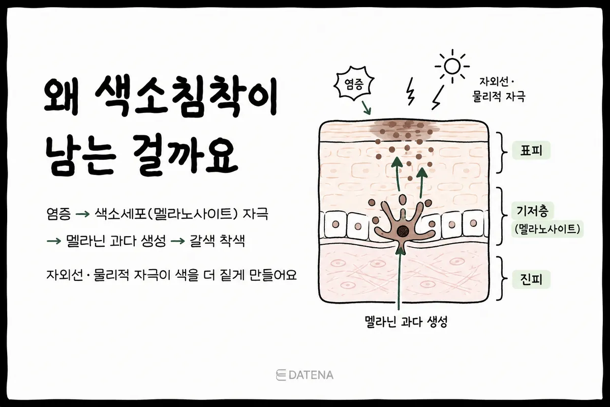 痘痘引起皮肤发炎时，色素细胞受到刺激，可能会过度生成黑色素。紫外线或反复摩擦会让颜色变得更深，需要特别注意。