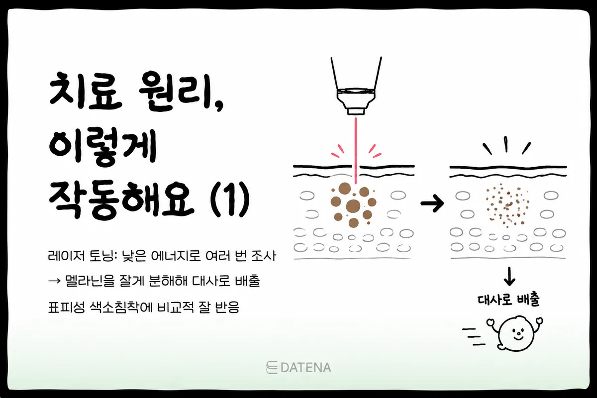 激光嫩肤通过反复照射低能量激光，帮助将黑色素击碎成细小颗粒。被分解的色素会经由皮肤的代谢过程慢慢排出。