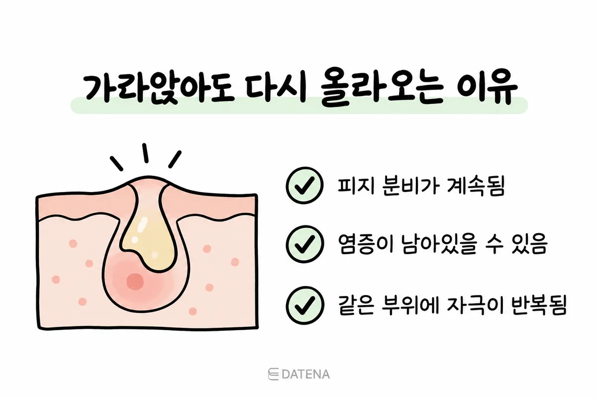 示意图:皮脂分泌、残留炎症和反复刺激与同一部位痘痘复发之间的关系
