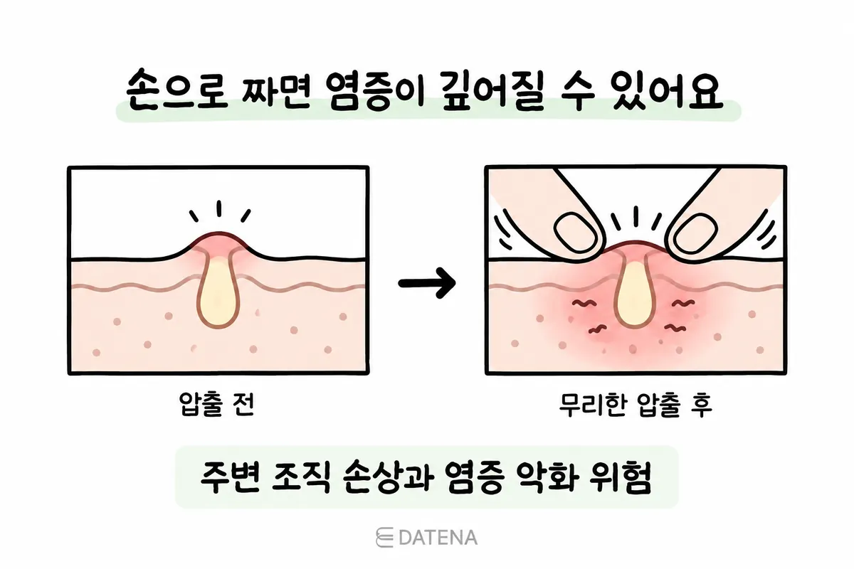 用手强行挤痘前后皮肤刺激对比的剖面示意图