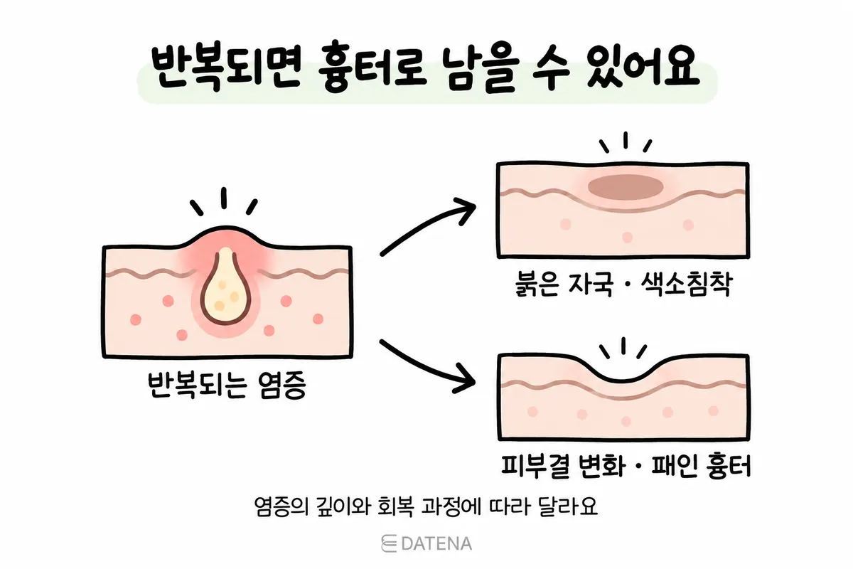 痘痘炎症反复后留下红印、色素沉着及凹陷疤痕的过程示意图
