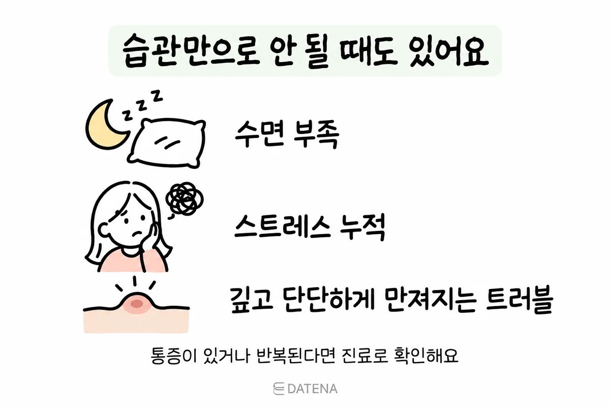 关于睡眠不足、压力以及摸起来较硬的痘痘的说明示意图