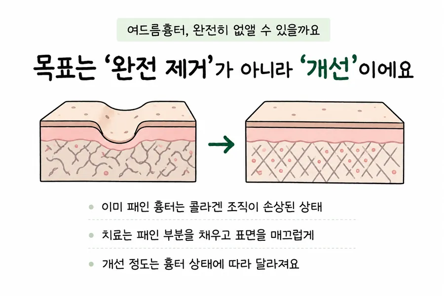 展示凹陷痘疤经治疗后皮肤截面变得平缓的改善目标示意图