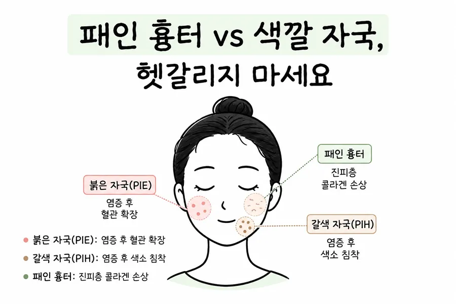 按部位对比面部红色痘印、褐色色素痘印和凹陷疤痕的示意图