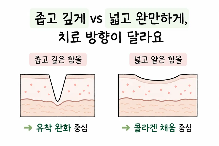 对比窄而深的痘疤与宽而浅的疤痕的皮肤截面及治疗方向的示意图
