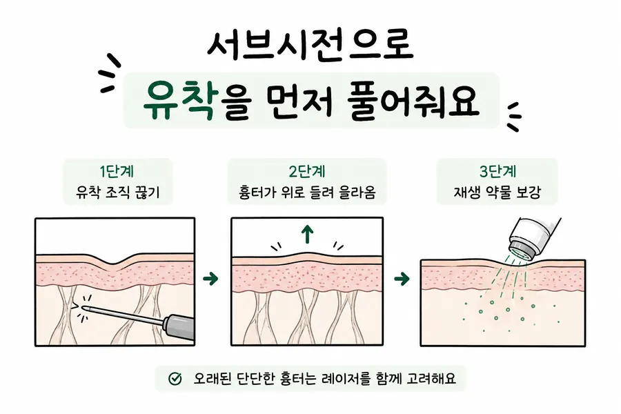 松解窄而深的凹陷痘疤粘连、使皮肤回升的皮下分离术过程示意图