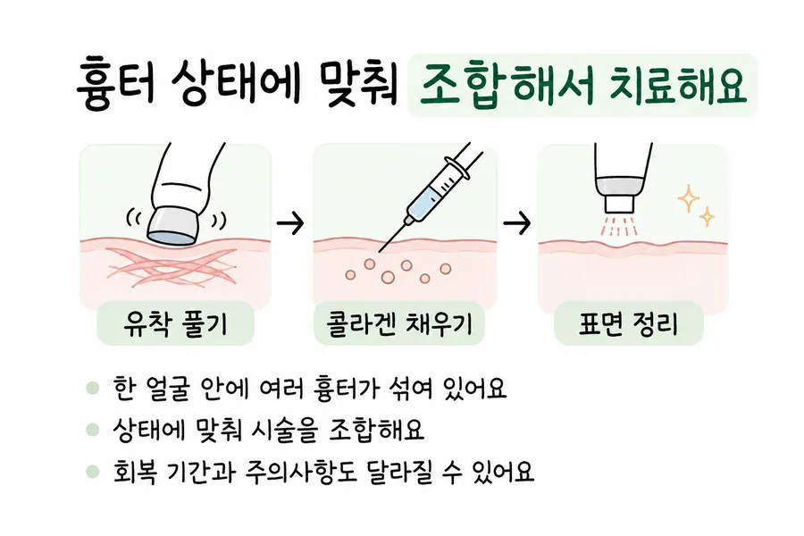 按顺序描绘痘疤治疗中松解粘连、填充胶原蛋白、修整皮肤表面的示意图