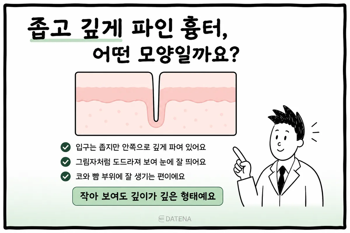 皮肤截面图：开口窄、深入真皮层的痘坑