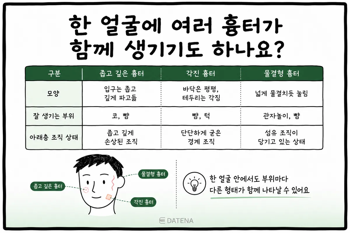 对比窄而深的疤痕、箱型疤痕、波浪型疤痕的形态、好发部位及组织状态的表格