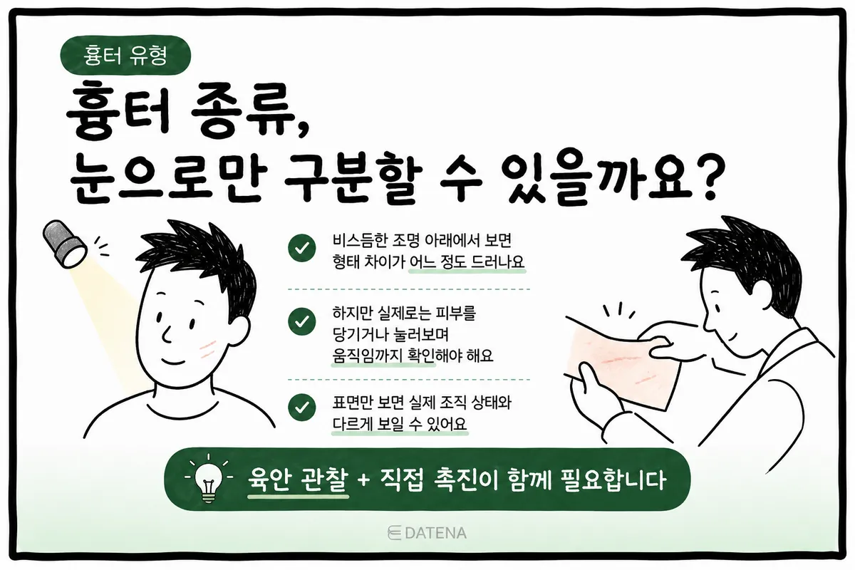 在灯光下观察疤痕、并拉伸皮肤确认组织活动情况的示意图