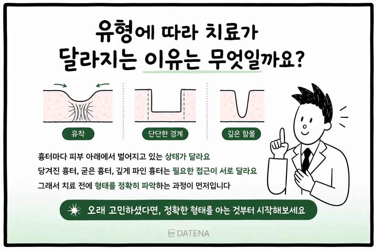 对比粘连型、硬边界型、深孔型疤痕截面及各类型治疗思路的示意图
