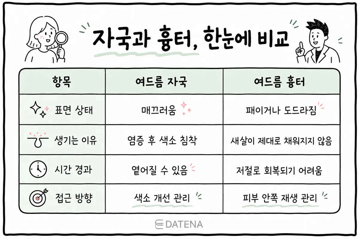 对比痘印与痘疤的表面状态、成因、随时间的变化及护理方向的表格