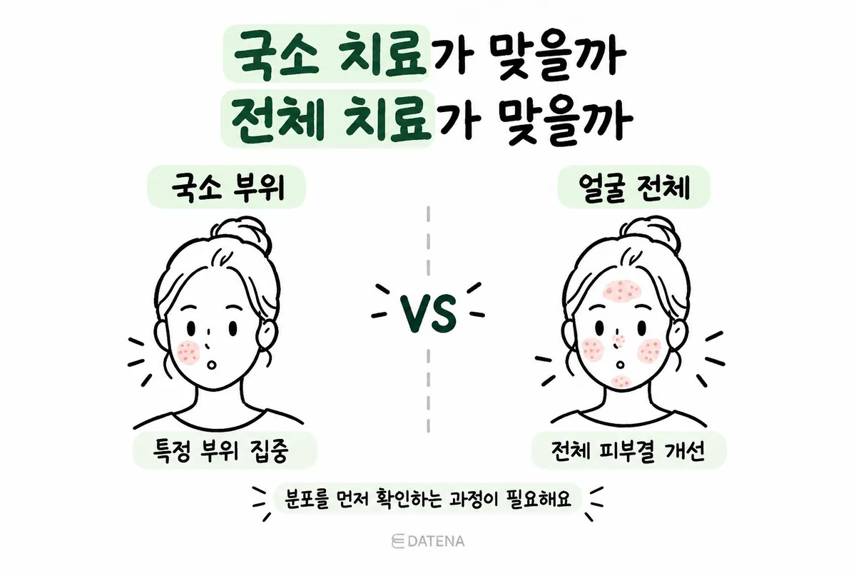 比较集中于某一部位疤痕的局部治疗与遍布全脸疤痕的全脸治疗的示意图
