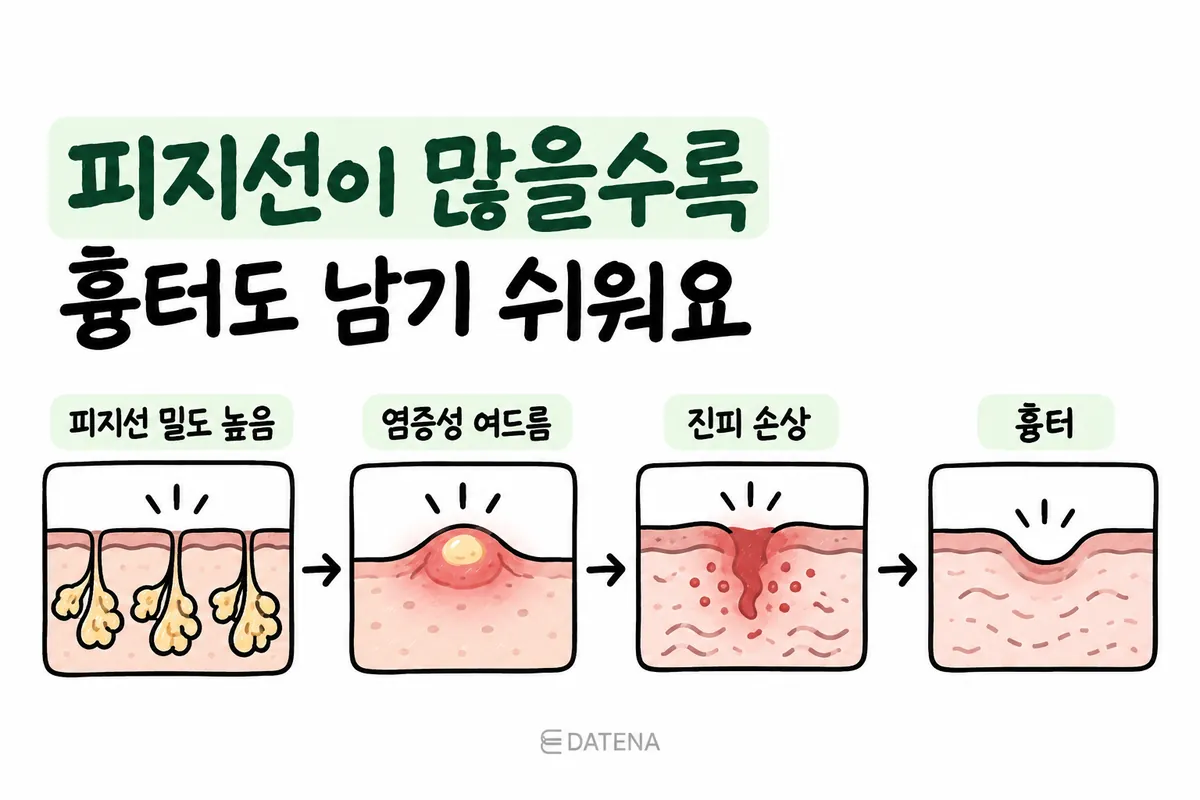 示意图：从皮脂腺与炎症性痘痘，到真皮受损，最终形成凹陷疤痕的过程