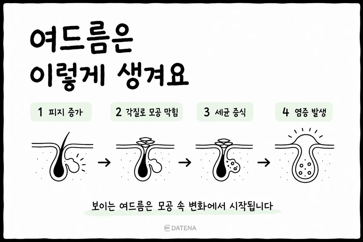 从皮脂增多、角质堵塞毛孔、细菌繁殖到炎症发生，痘痘形成的4个阶段图解