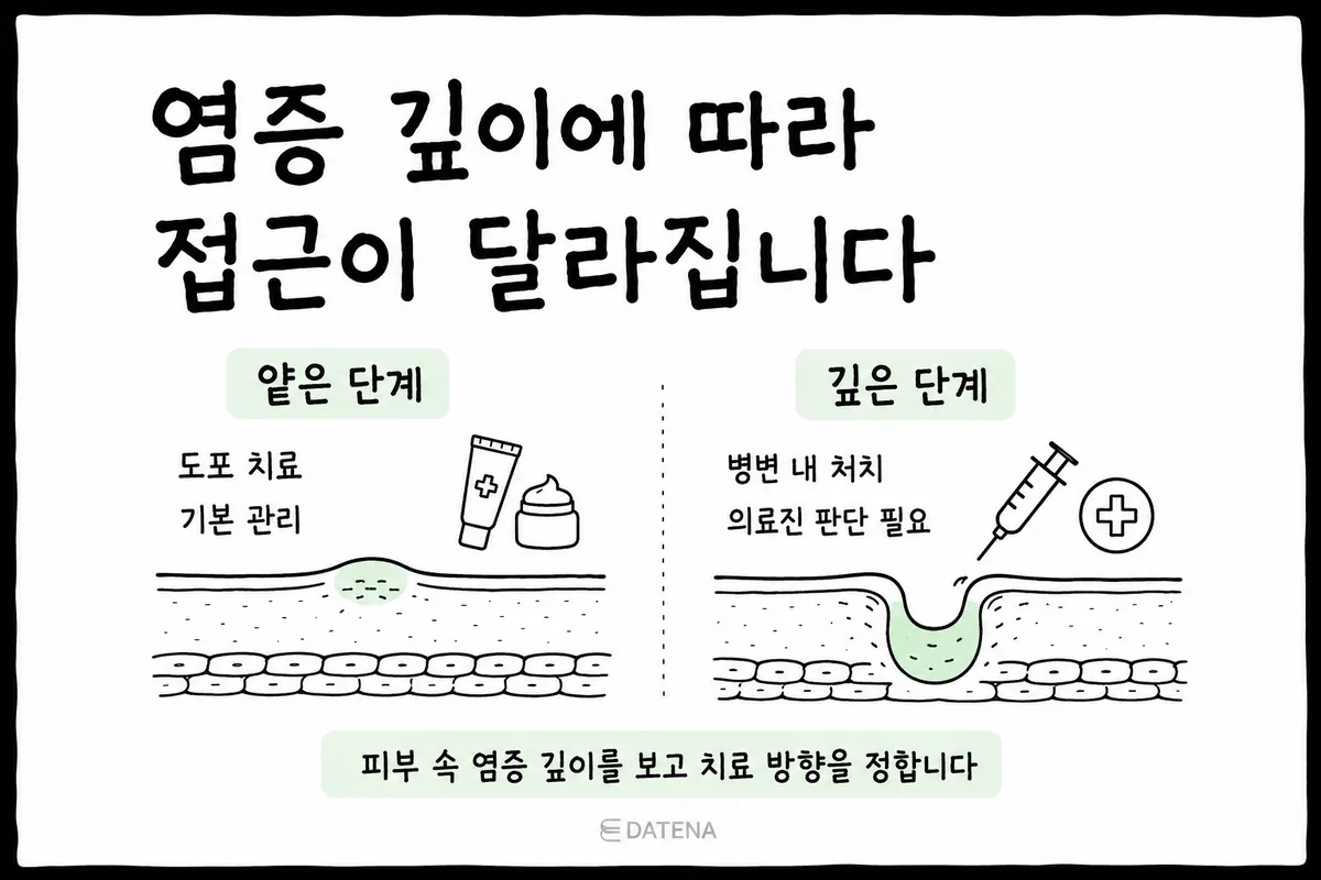 以皮肤截面、外用药、注射示意图对比浅层痘痘与深层炎症性痘痘治疗方式的卡片