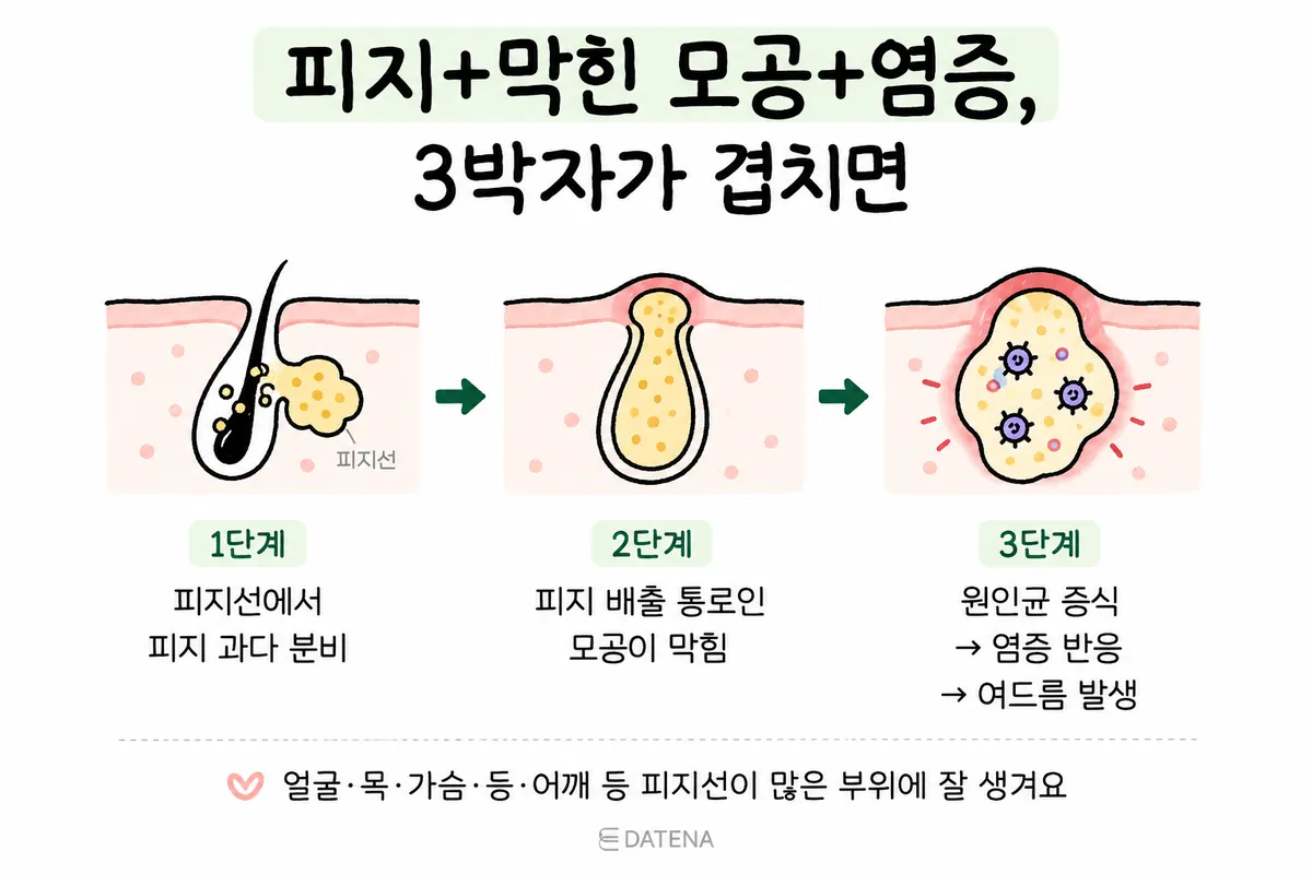 展示皮脂分泌过多、毛孔堵塞继而引发炎症的痘痘形成三阶段示意图