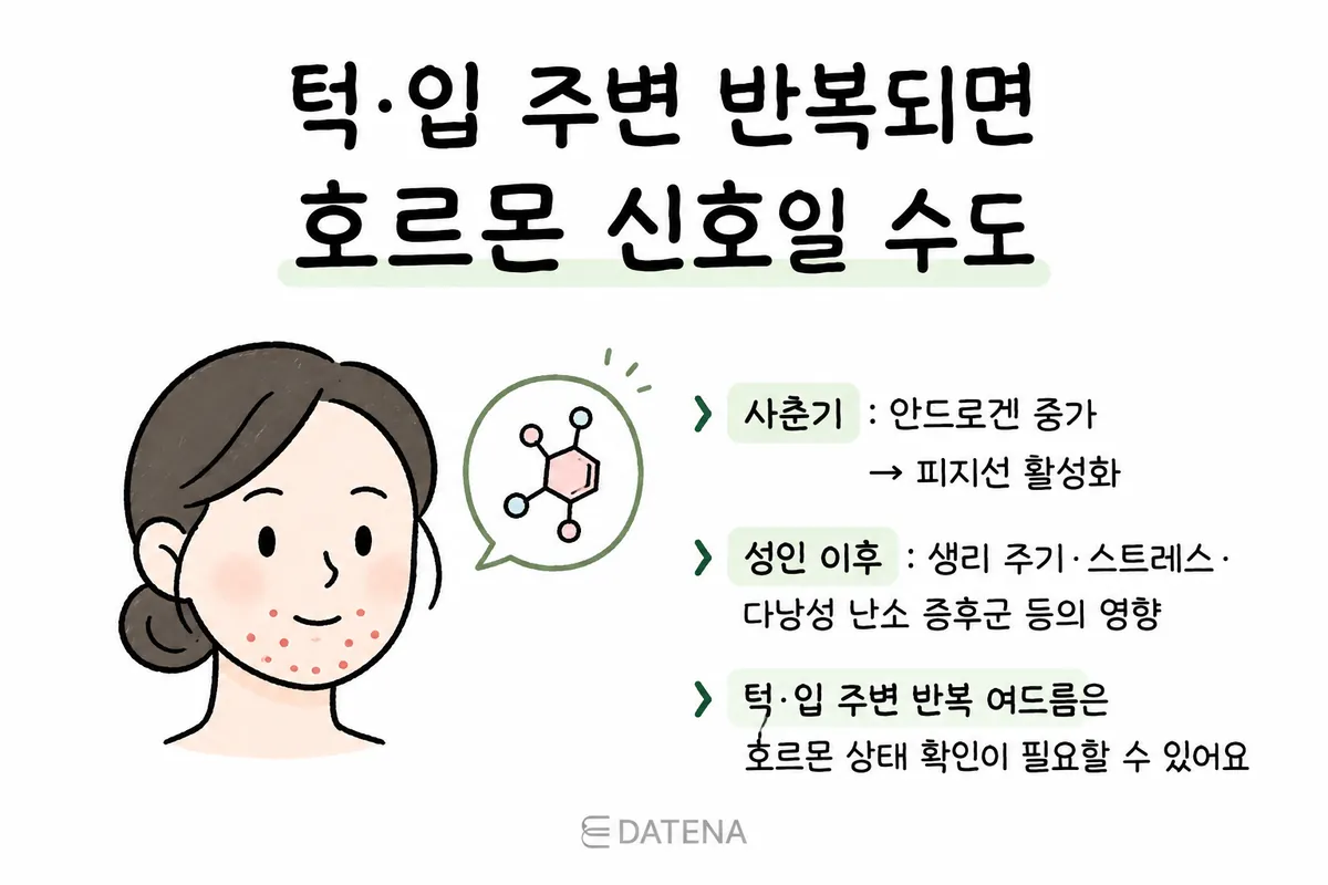 说明下巴和嘴周痘痘可能受青春期雄激素及成年后激素变化影响的示意图