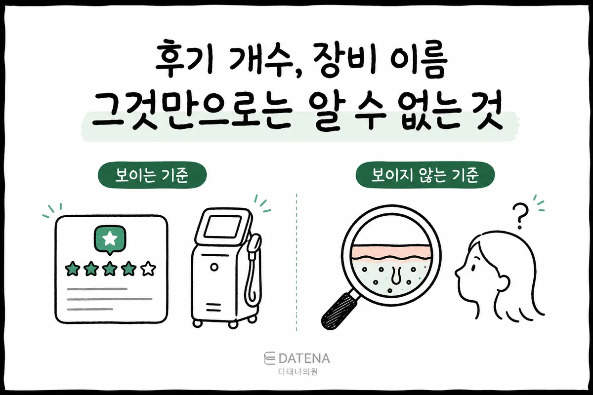 将评价评分、治疗设备与皮肤截面观察并列比较的痘坑治疗咨询示意图