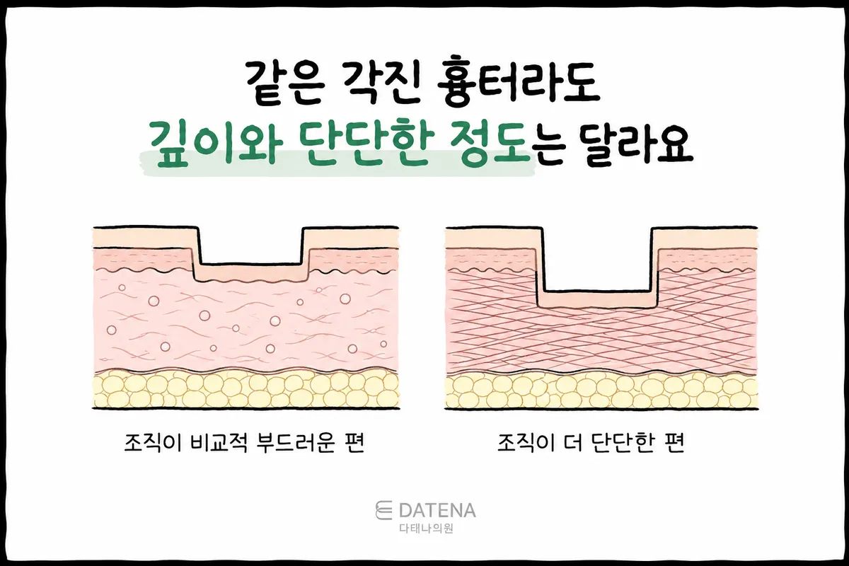 对比两个深度及下方组织硬度不同的棱角型痘坑的皮肤截面示意图
