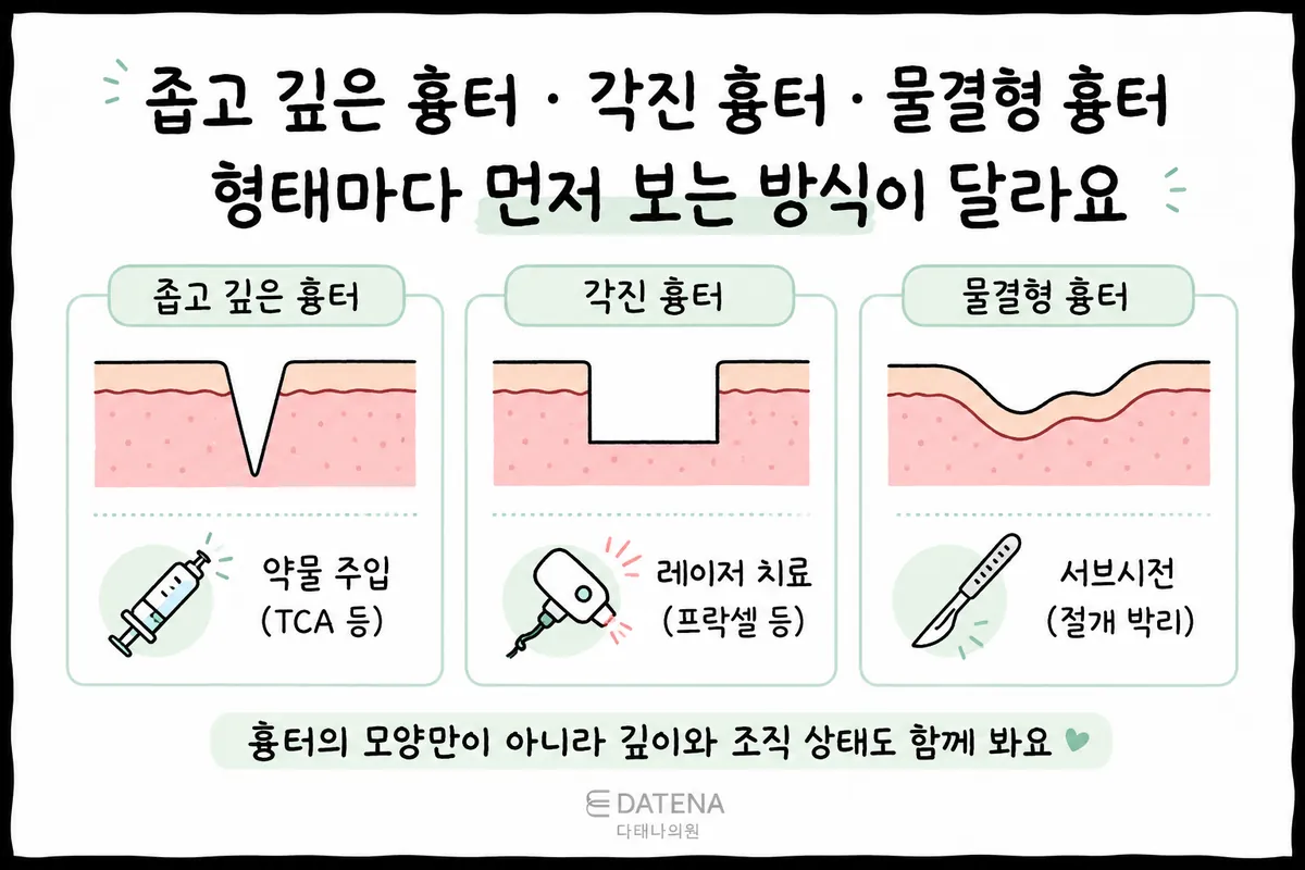 并列展示三种痘坑形态及药物注射、激光、皮下分离治疗示例的示意图