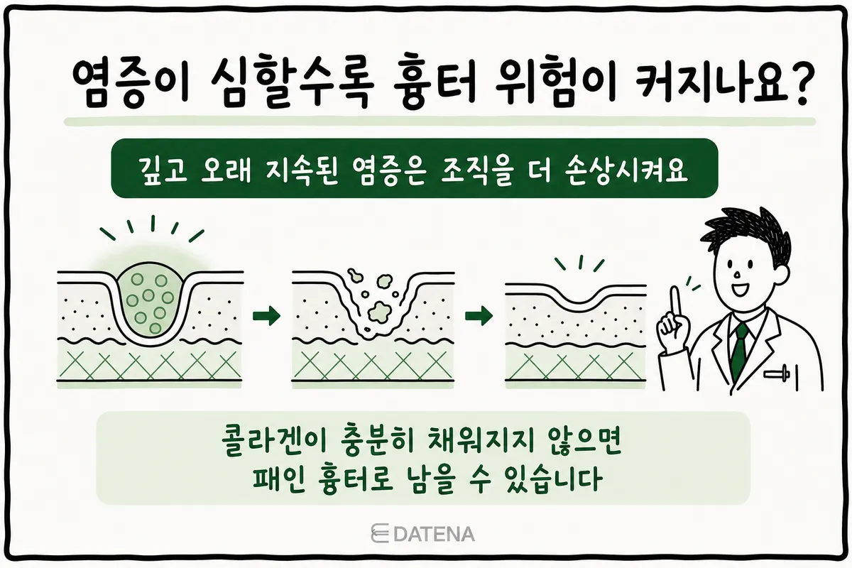 深层炎症损伤周围皮肤组织并发展为凹陷疤痕的皮肤剖面过程图