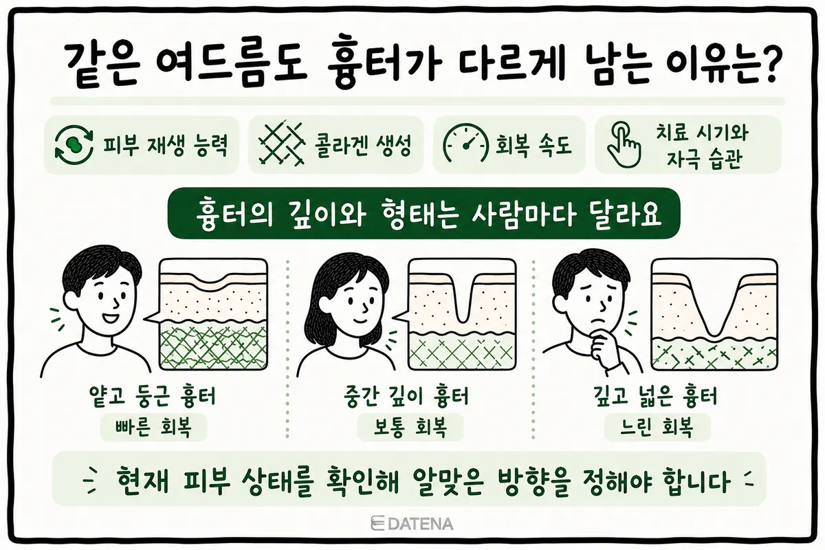 皮肤再生能力和胶原蛋白生成差异导致疤痕深度不同的三人案例示意图