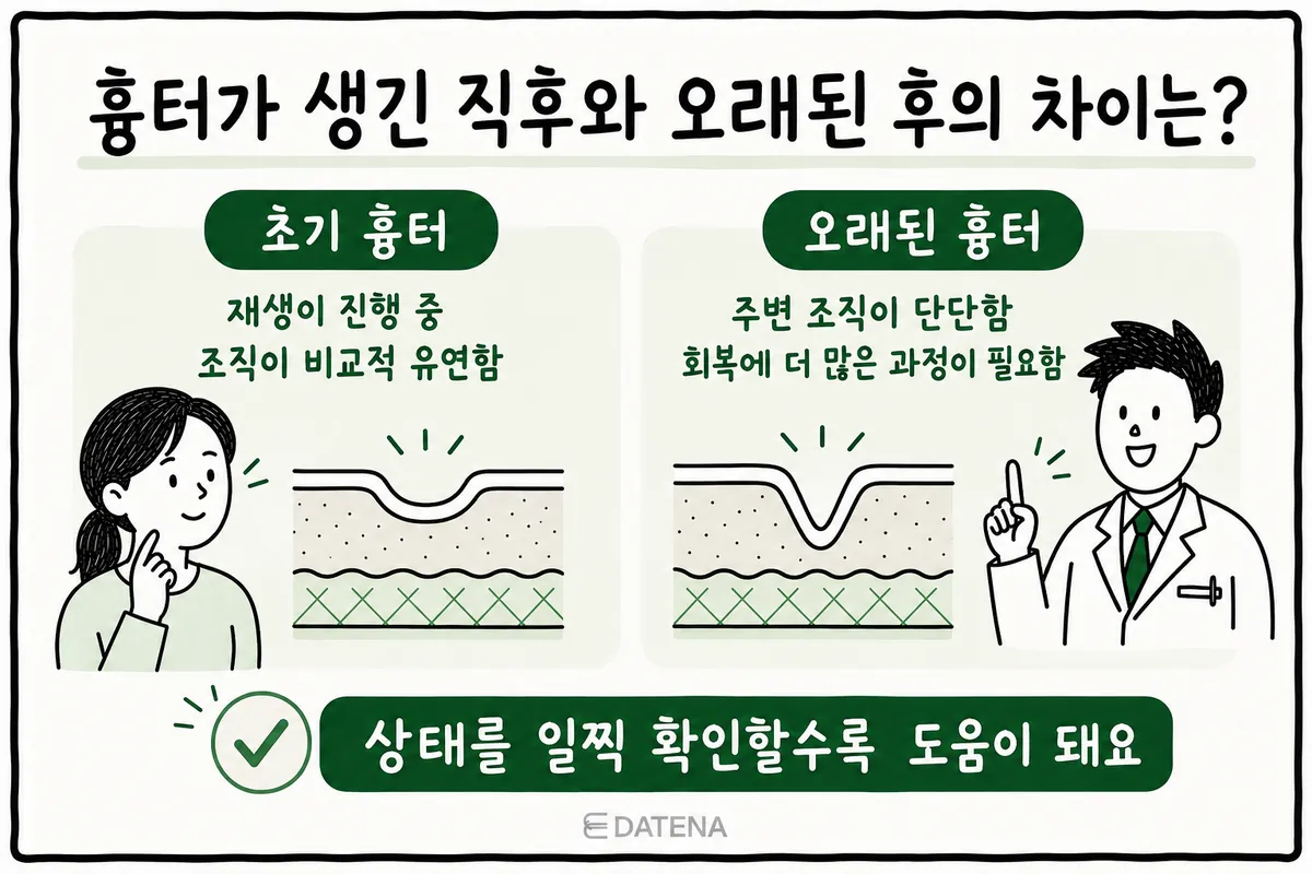 恢复中的早期疤痕与周围组织已变硬的陈旧疤痕的皮肤剖面对比