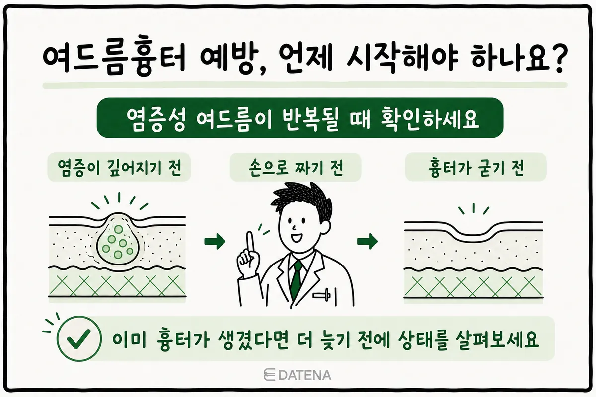 从炎症性痘痘反复出现到凹陷疤痕定型之前的预防时机示意图