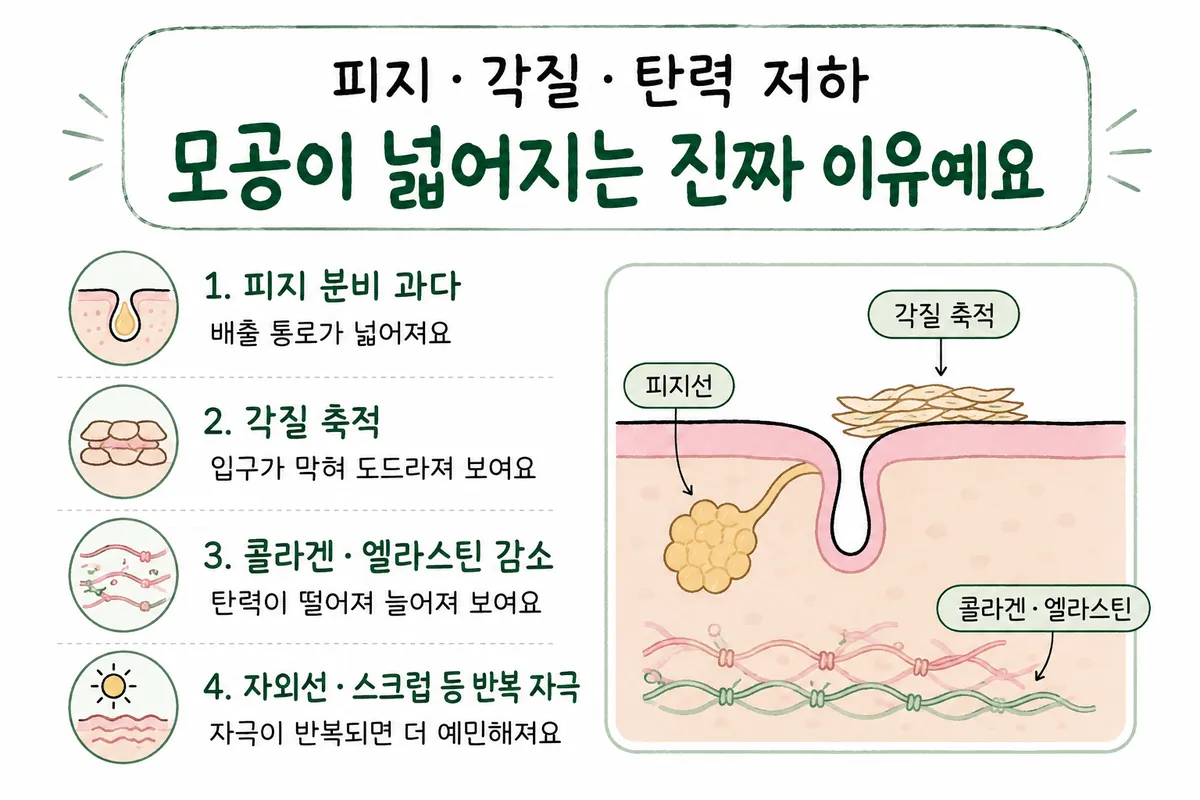 皮脂分泌、角质堆积、皮肤弹性变化导致毛孔显得粗大的原因示意图