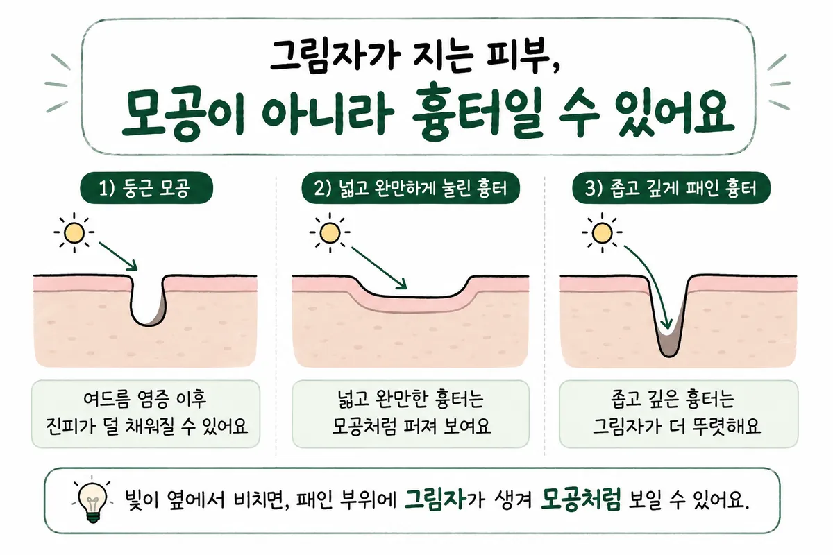 粗大毛孔与宽而平缓的疤痕、窄而深的疤痕的截面及阴影对比