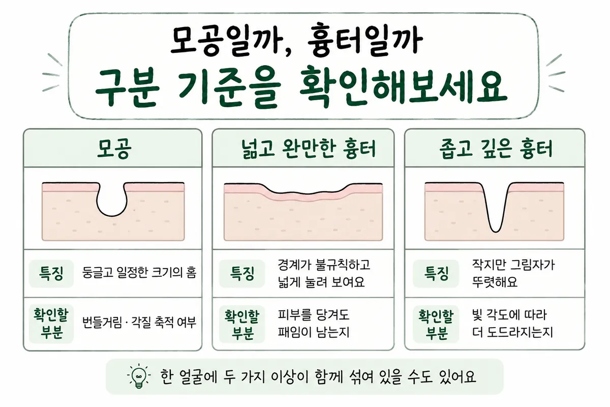 毛孔与宽而平缓的疤痕、窄而深的疤痕的形态及检查项目对比表