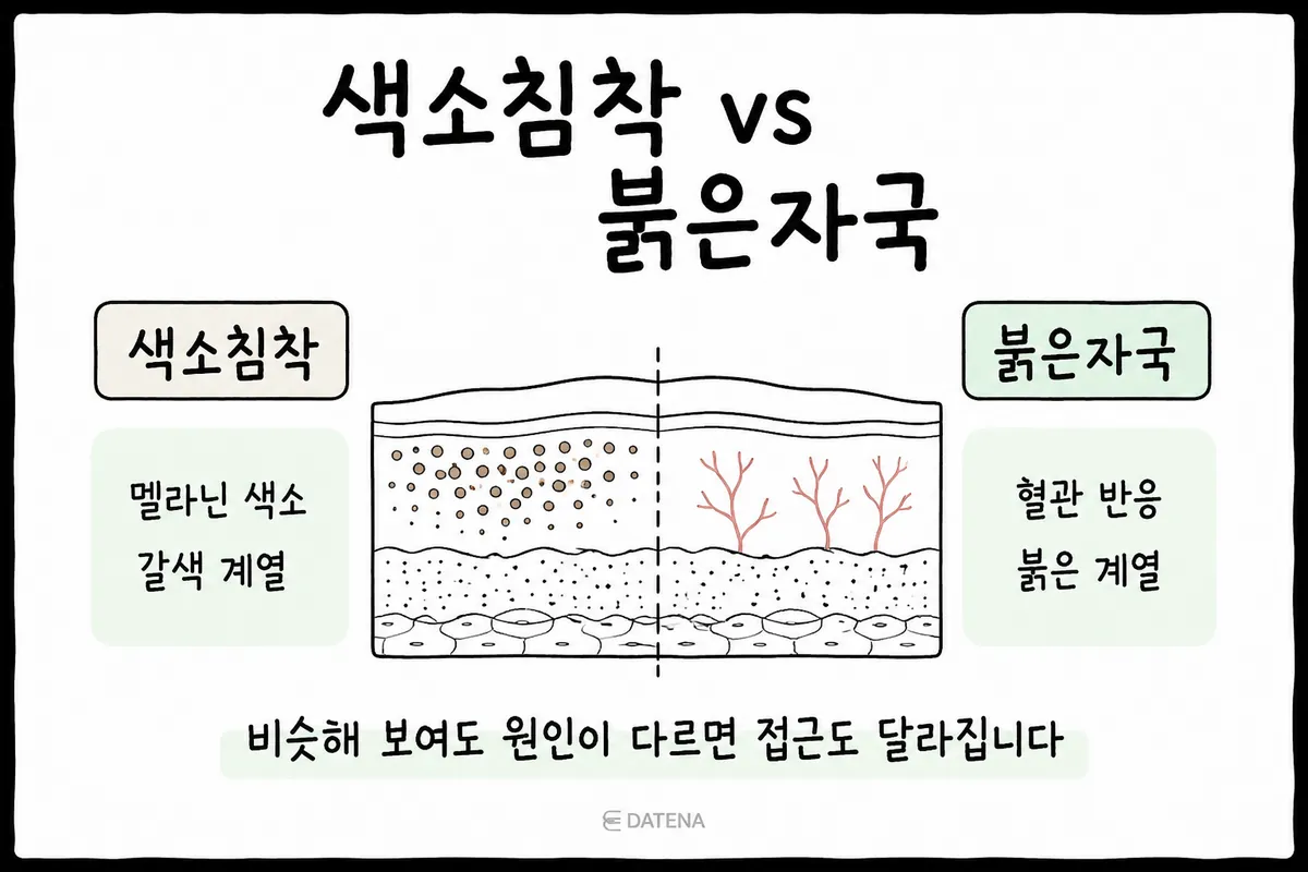 黑色素沉积的色素沉着与血管透出的红色痘印的皮肤截面对比