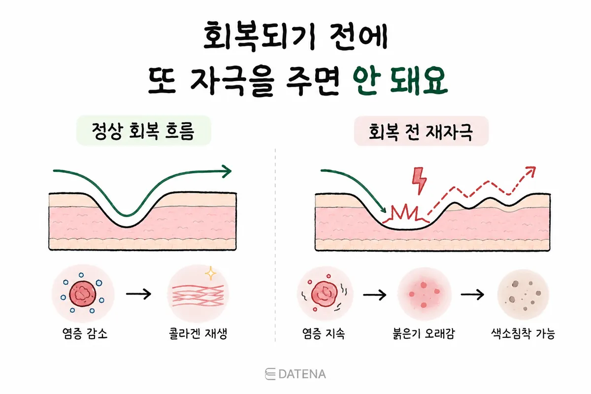 比较正常皮肤恢复与恢复前再次刺激后炎症可能持续的示意图