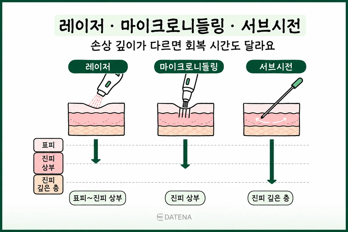 并列比较激光、微针、皮下分离术对皮肤刺激深度的示意图