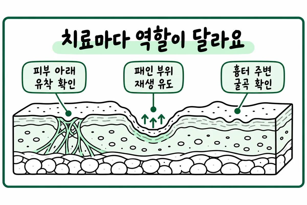 展示确认皮下粘连、促进凹陷部位再生、确认疤痕周围起伏等治疗作用的示意图