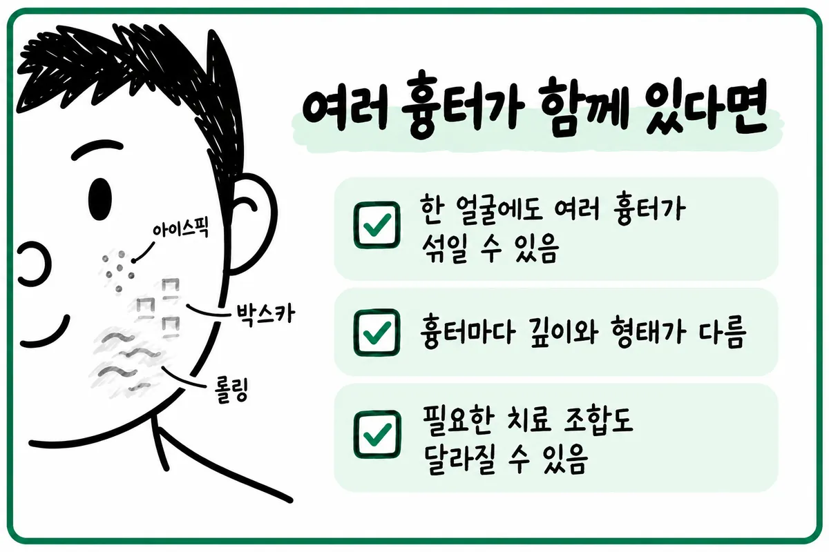 说明同一张脸上同时出现冰锥型、箱车型等多种疤痕的示意图