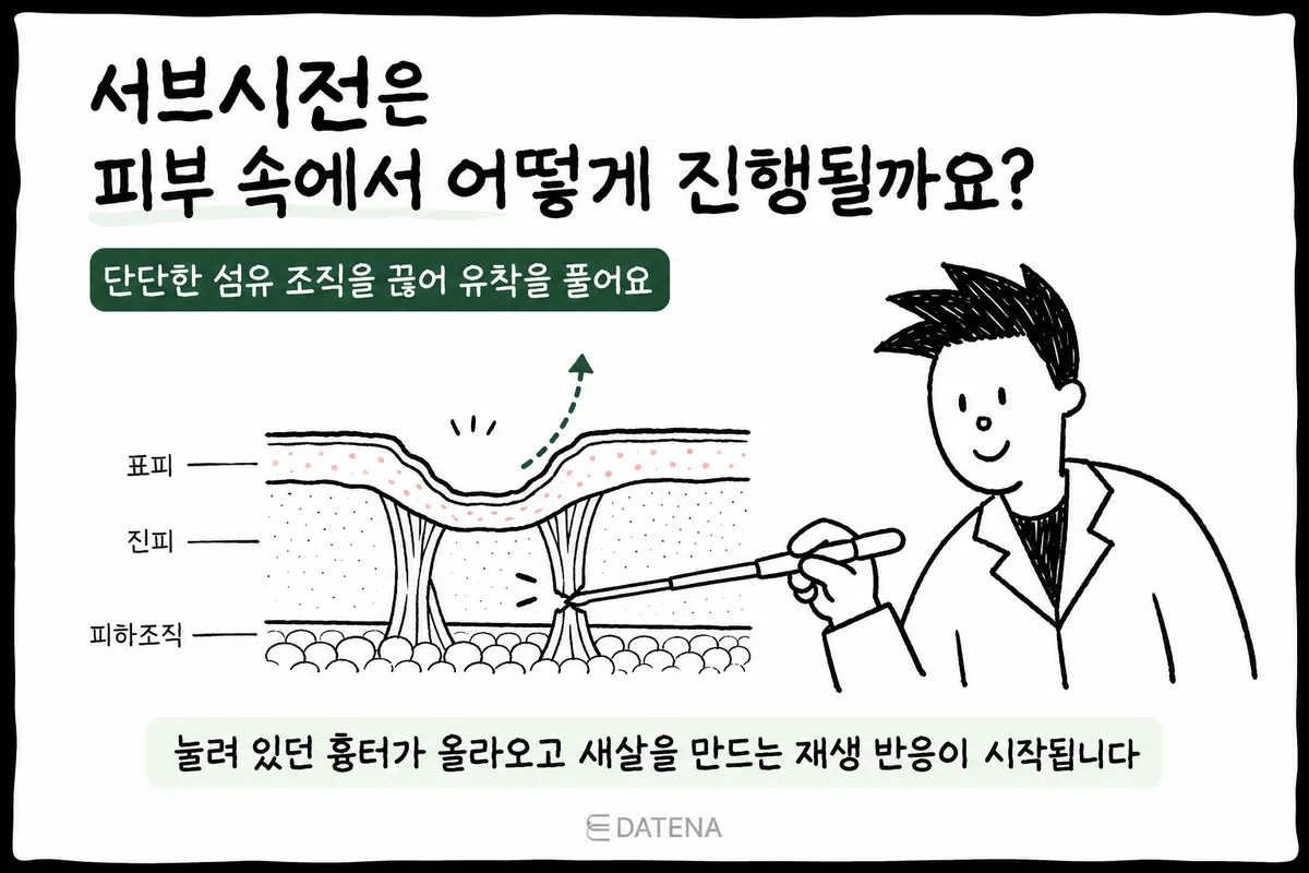 示意图：用皮下分离器械分离皮下粘连纤维，为凹陷疤痕腾出上浮空间的剖面图