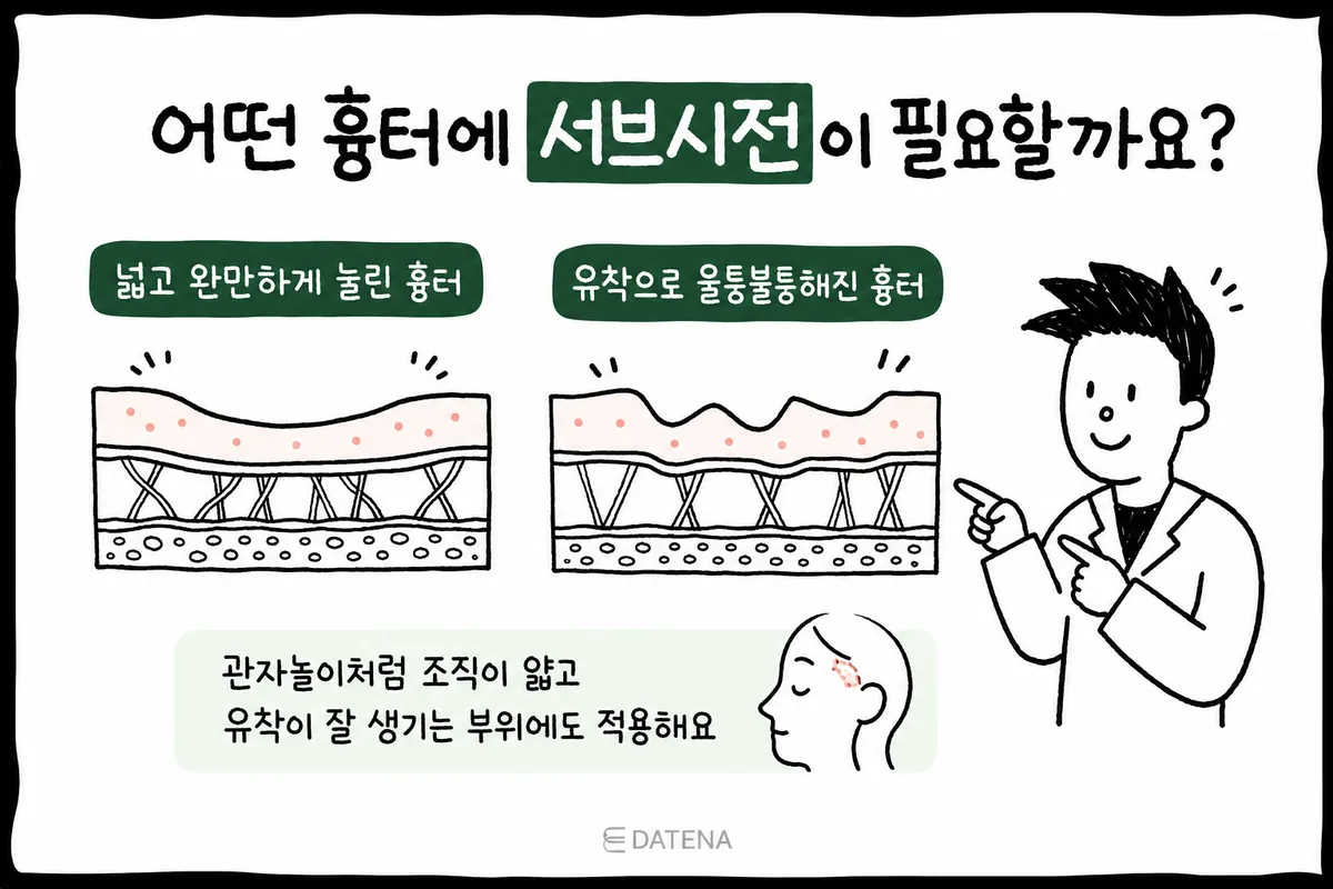 示意图：对比宽而平缓的凹陷与因粘连而凹凸不平的疤痕的皮肤剖面