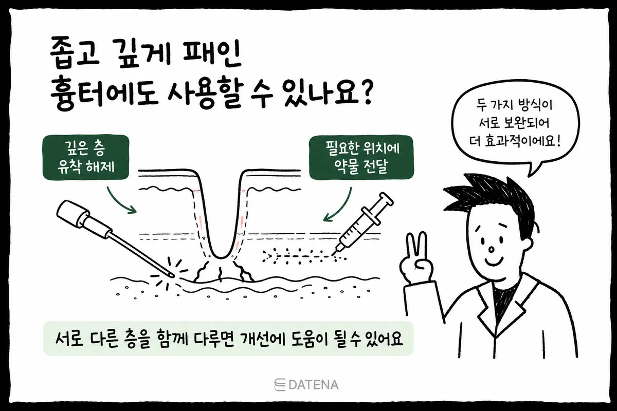 示意图：在窄而深的疤痕剖面上同时标示皮下分离与药物导入的治疗方式