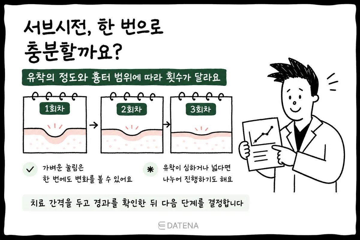 卡片图：根据粘连程度和疤痕范围分次决定皮下分离次数的过程