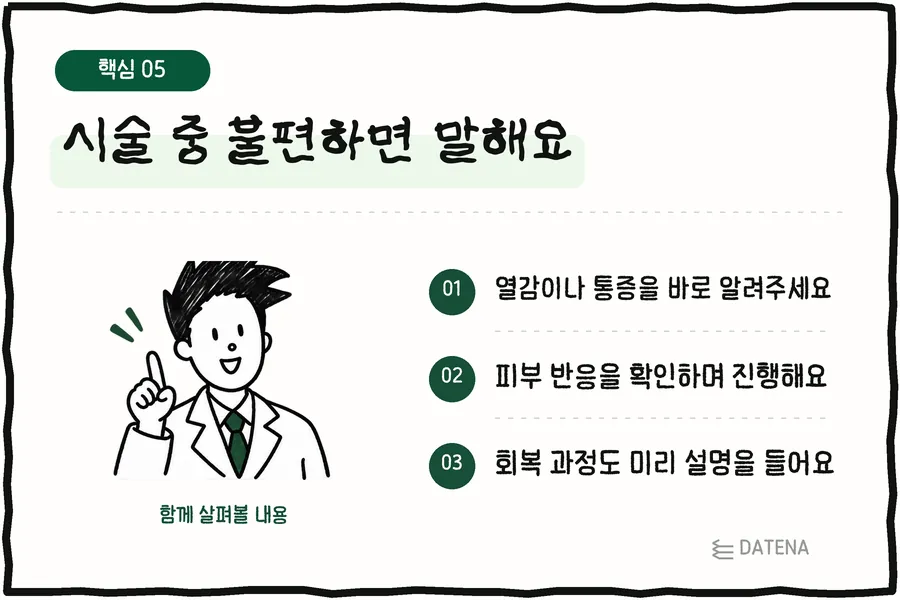 治疗中不舒服请说出来：有热感或疼痛请立即告知；边观察皮肤反应边进行；提前了解恢复过程 — Datena Clinic 说明卡