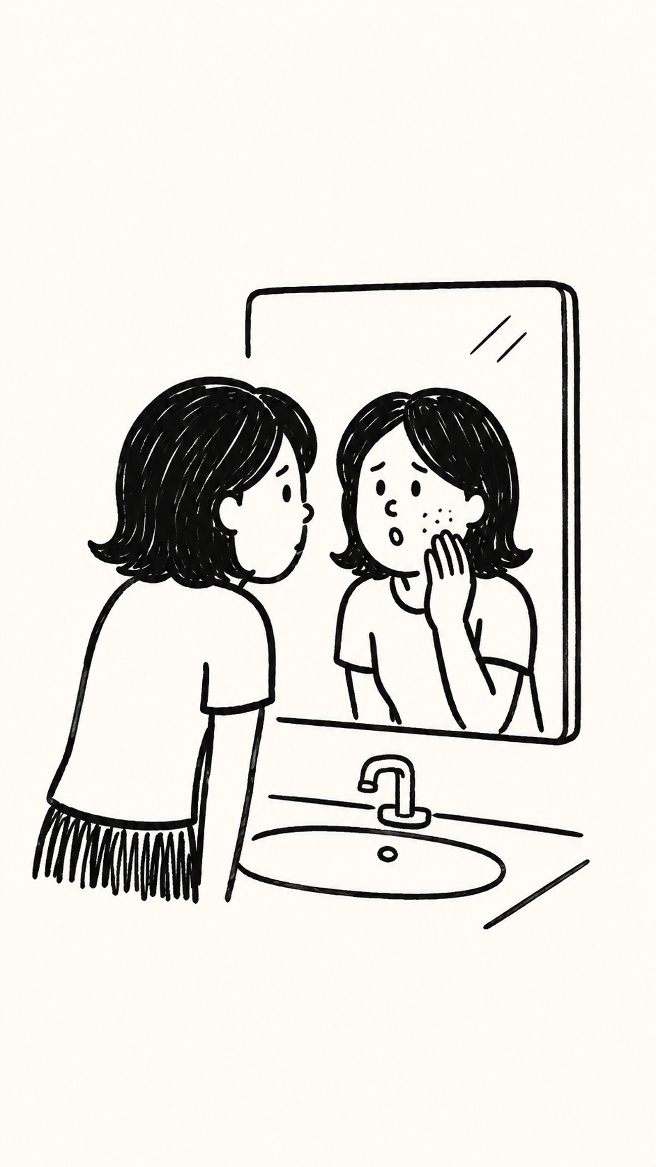 对着镜子查看痘坑痘疤的插画